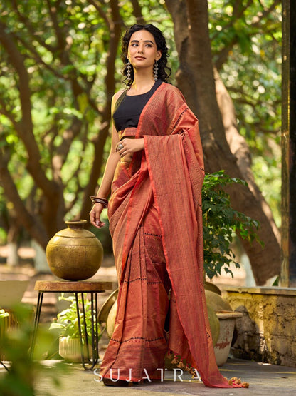 Contemporary Rust Cotton Saree with Traditional Hand Block Print Borders