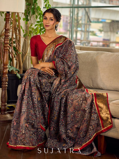 Flourishing Dark Grey All-Over Kalamkari Floral Chanderi Saree with Gold Woven Zari Border & Maroon Hem Accent