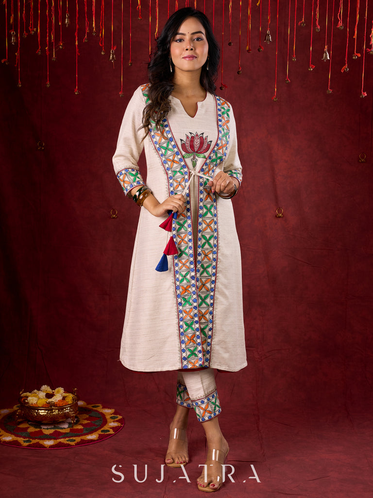 Ivory Handloom Jacket-Style Kurta with Hand Painted Madhubani & Gond Detailing