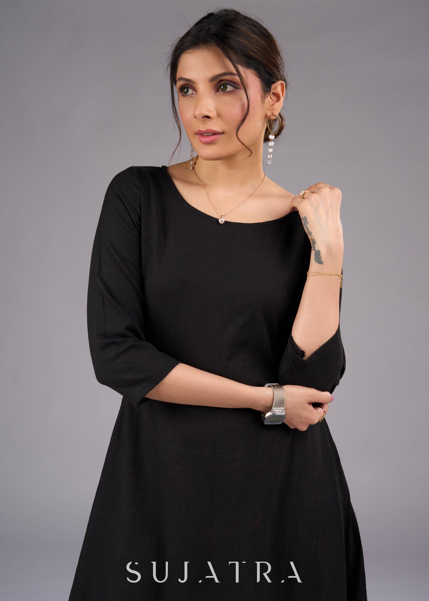 Sophisticated Black Cotton Dress with Frill Hem - Ajrakh patchwork jacket optional