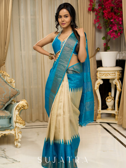 Pure Tussar silk saree in ocean blue with temple borders