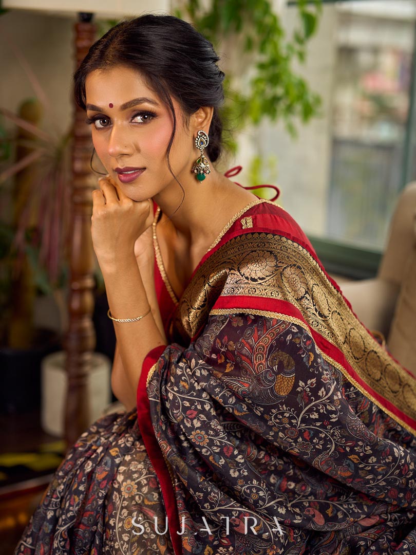 Flourishing Dark Grey All-Over Kalamkari Floral Chanderi Saree with Gold Woven Zari Border & Maroon Hem Accent