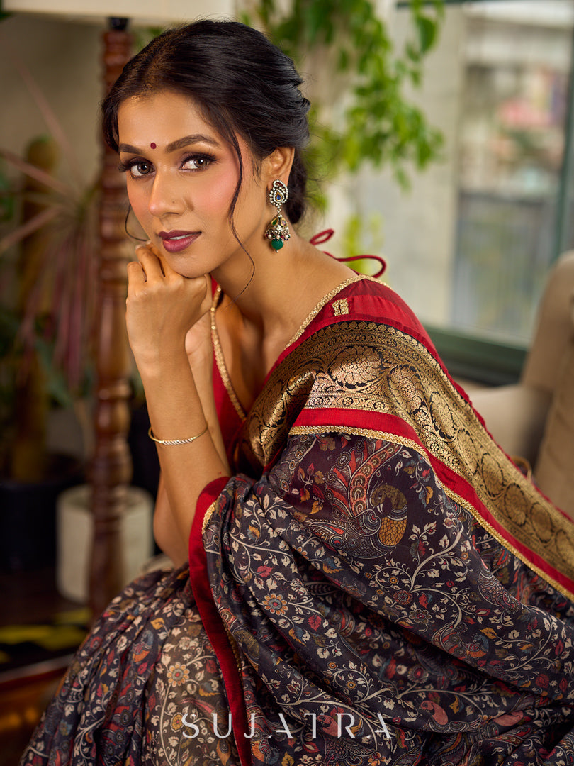 Flourishing Dark Grey All-Over Kalamkari Floral Chanderi Saree with Gold Woven Zari Border & Maroon Hem Accent