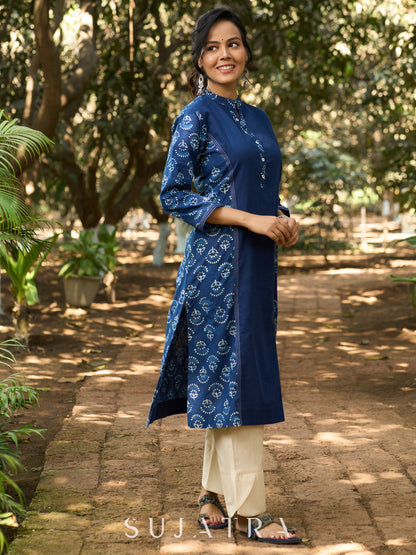 Indigo Allure Straight Kurta with Side Panels & Sleeves Adorned with Delicate Kantha Stitch detailing on Princess Line and Sleeves