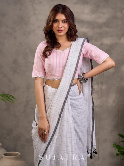 Modern White Cotton Checkered Saree with Grey Border