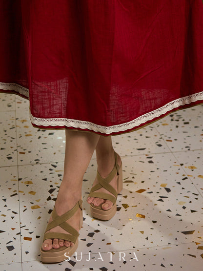 Luminous Crimson Cotton Flared Dress with Contrast Hand Block Printed Beige Yoke & Elasticated Puffy Sleeves