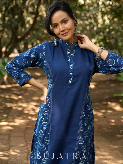 Indigo Allure Straight Kurta with Side Panels & Sleeves Adorned with Delicate Kantha Stitch detailing on Princess Line and Sleeves
