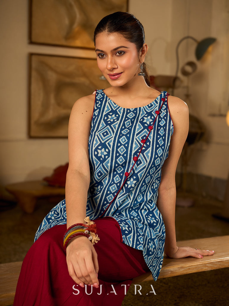 Elegant Indigo Geometric Cotton Top With An Asymmetrical Overlap Front and Maroon Highlights