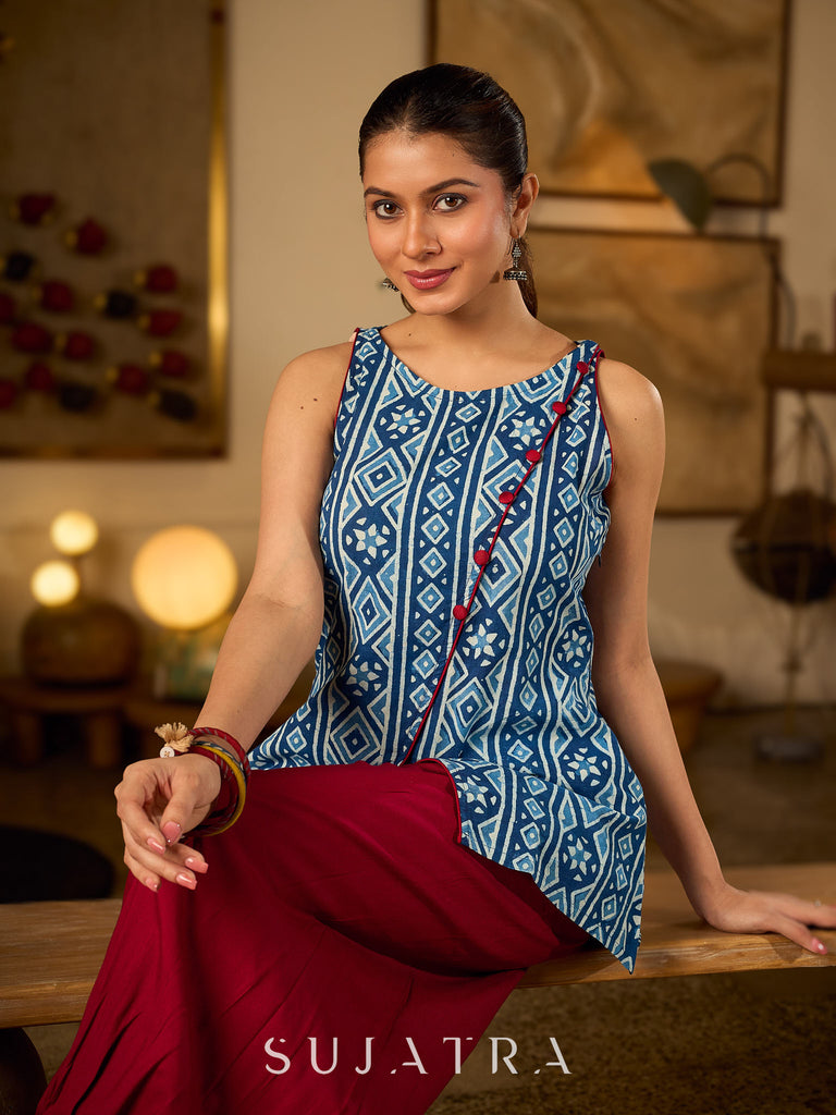 Elegant Indigo Geometric Cotton Top With An Asymmetrical Overlap Front and Maroon Highlights