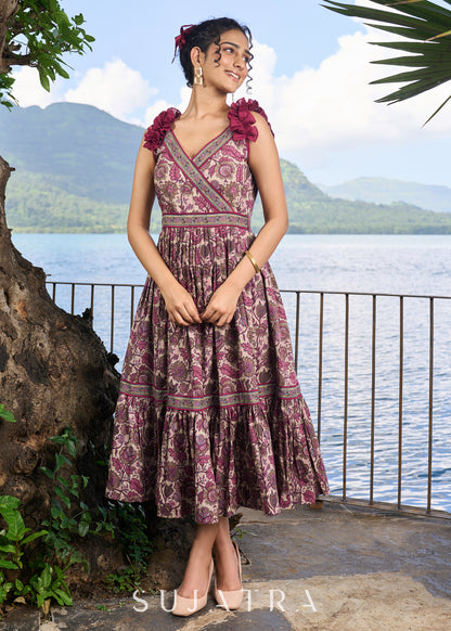 Graceful wine cotton floral printed dress with frill sleeves