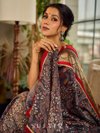 Flourishing Dark Grey All-Over Kalamkari Floral Chanderi Saree with Gold Woven Zari Border & Maroon Hem Accent
