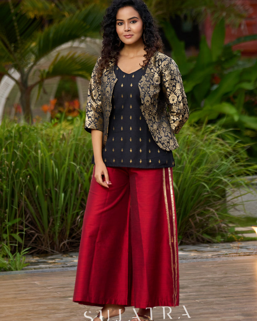 Regal Black & Golden Brocade Jacket Ensemble – with Optional Cotton Silk Butta Tunic & Cotton Silk Pants
