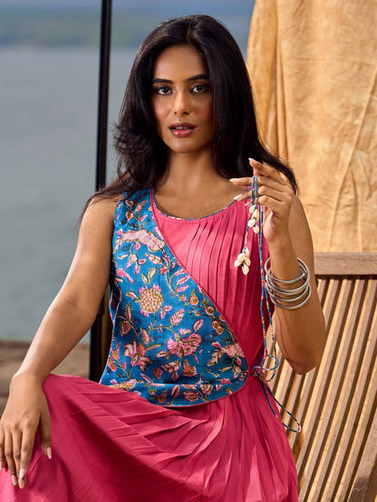 Rose Pink Pleated Wrap Dress with Floral Printed Blue Panel