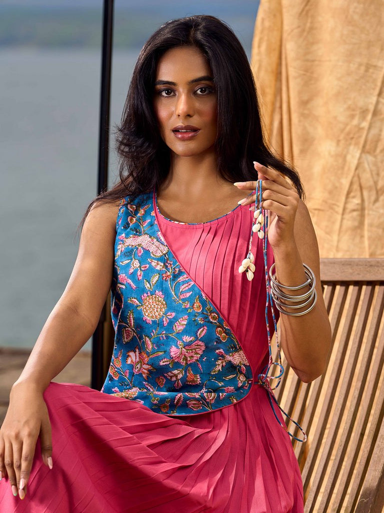 Rose Pink Pleated Wrap Dress with Floral Printed Blue Panel