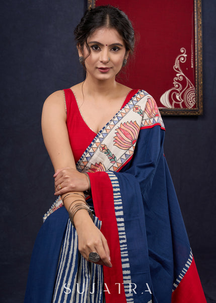 Exclusive Hand-painted Madhubani & Indigo combination saree with Hand-painted Motif on Pallu
