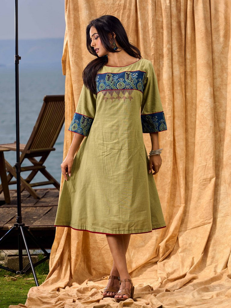 Sage Green Cotton A Line Dress with Contrast Ajrakh Yoke and Cuff Detailing featuring Hand Painting