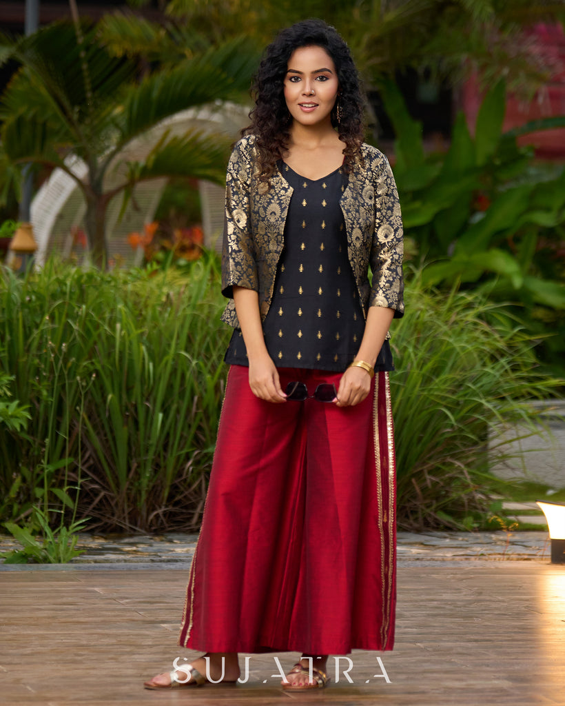 Regal Black & Golden Brocade Jacket Ensemble – with Optional Cotton Silk Butta Tunic & Cotton Silk Pants