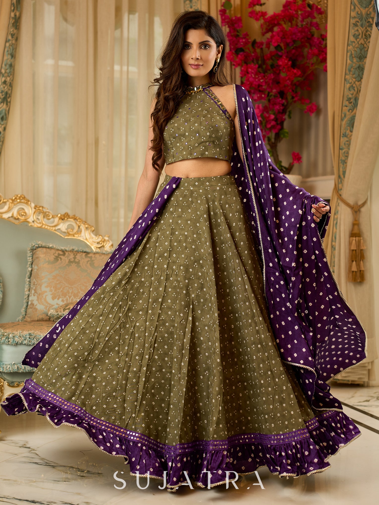 green emerald velvet dress Vibrant Mehendi green and purple bandhani lehenga paired with a mirror –  Sujatra