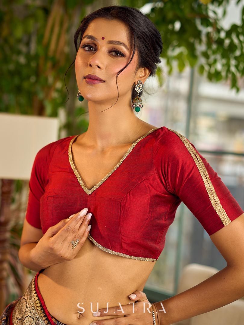 Simple Maroon Cotton Silk Blouse with lace detailing