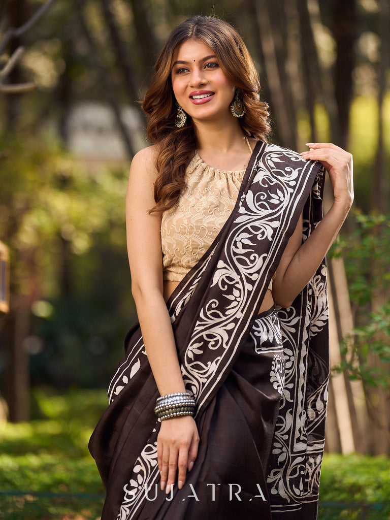 Timeless Dark Brown Pure Silk Hand Batik Saree with Bold Prints and Statement Borders