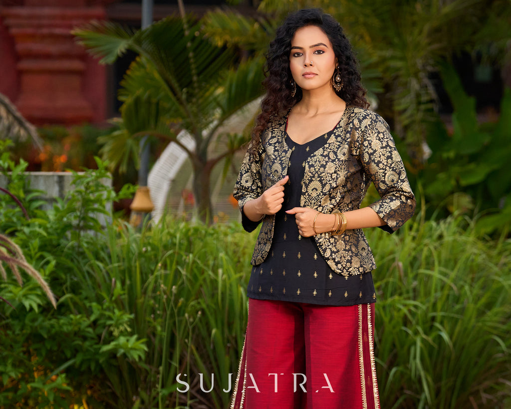 Regal Black & Golden Brocade Jacket Ensemble – with Optional Cotton Silk Butta Tunic & Cotton Silk Pants