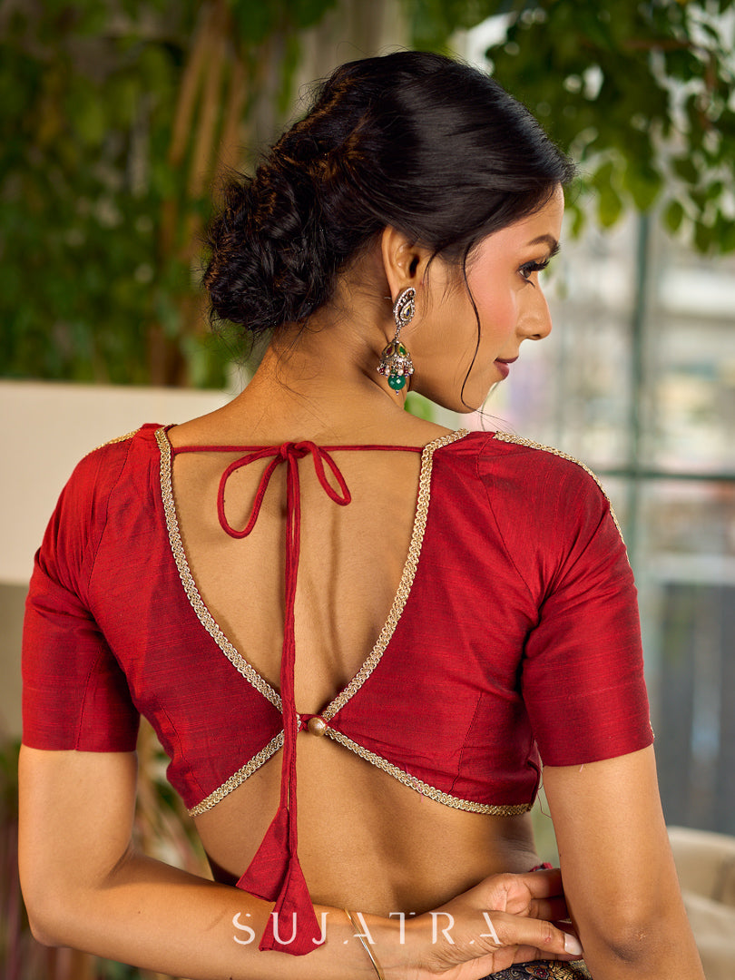 Simple Maroon Cotton Silk Blouse with lace detailing