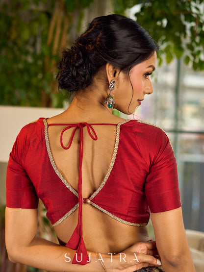 Simple Maroon Cotton Silk Blouse with lace detailing