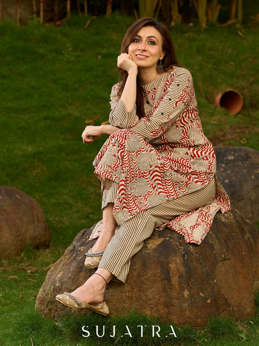Artisanal Ajrakh Print Kurta with Animal Motifs, Boat Neckline, and Striped Highlights