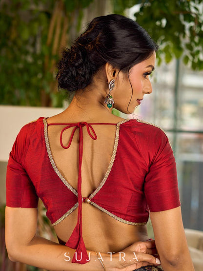 Simple Maroon Cotton Silk Blouse with lace detailing