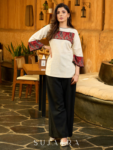 Whimsical White Cotton A-Line Top with Maroon Ajrakh Patch and Contrast Detailing