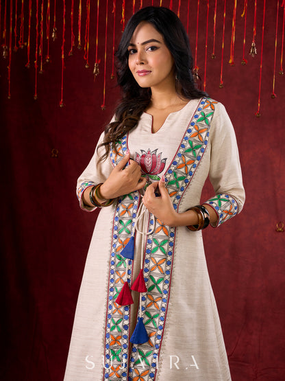 Ivory Handloom Jacket-Style Kurta with Hand Painted Madhubani & Gond Detailing