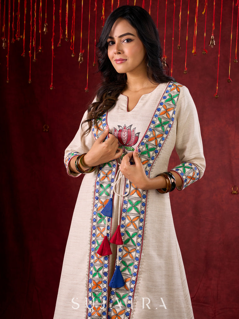 Ivory Handloom Jacket-Style Kurta with Hand Painted Madhubani & Gond Detailing