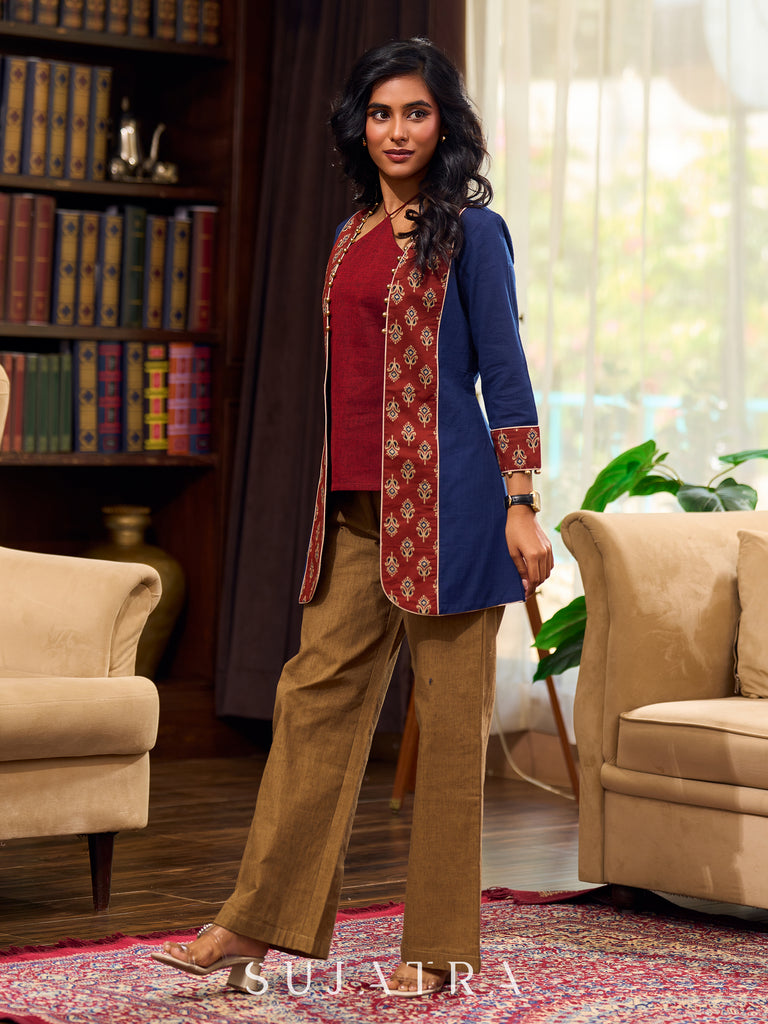 Sophisticated Blue Cotton Jacket Enhanced with Ajrakh Printed Accents and Minimal Embellishments
