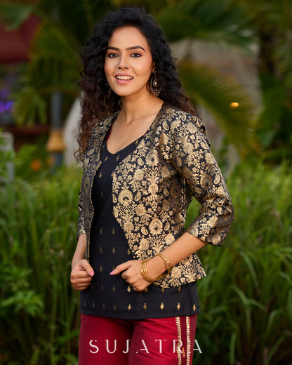 Regal Black & Golden Brocade Jacket  – Cotton Silk Butta Tunic & Cotton Silk Pants optional
