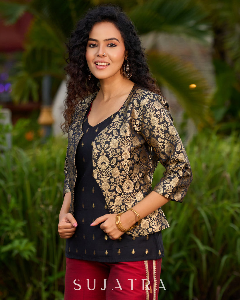 Regal Black & Golden Brocade Jacket Ensemble – with Optional Cotton Silk Butta Tunic & Cotton Silk Pants