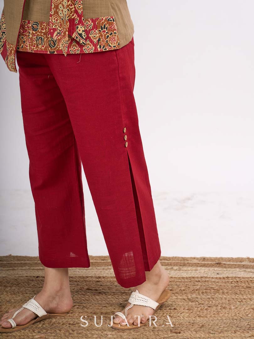 Maroon Straight Fit Cotton Parallel Pants
