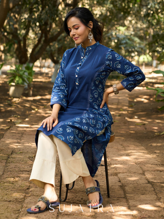 Indigo Allure Straight Kurta with Side Panels & Sleeves Adorned with Delicate Kantha Stitch detailing on Princess Line and Sleeves