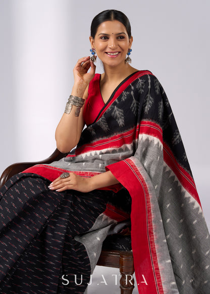 Sophisticated black & red combination Ikat saree