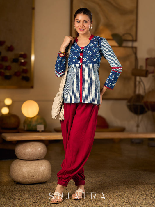 Indigo Cotton Top With Maroon Placket Detailed With Cowrie And Tassels, Finished with Collared Neckline