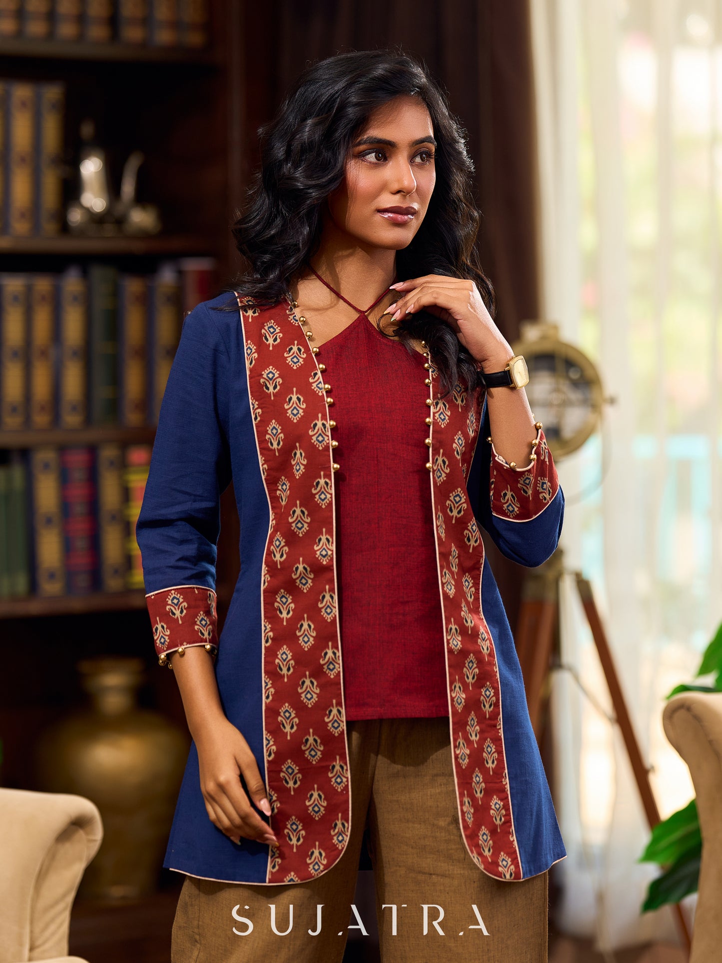 Sophisticated Blue Cotton Jacket Enhanced with Ajrakh Printed Accents and Minimal Embellishments - Pant optional