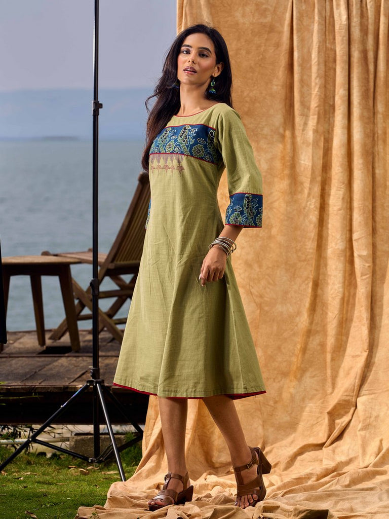 Sage Green Cotton A Line Dress with Contrast Ajrakh Yoke and Cuff Detailing featuring Hand Painting