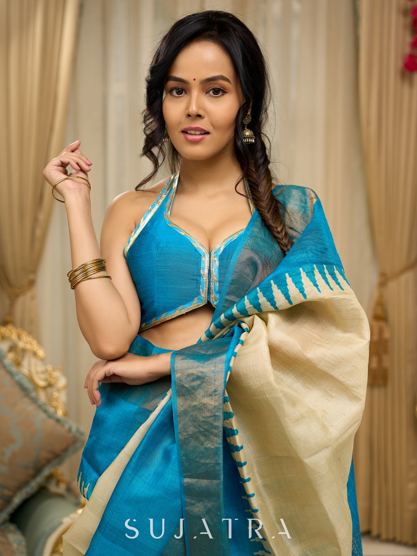 Pure Tussar silk saree in ocean blue with temple borders
