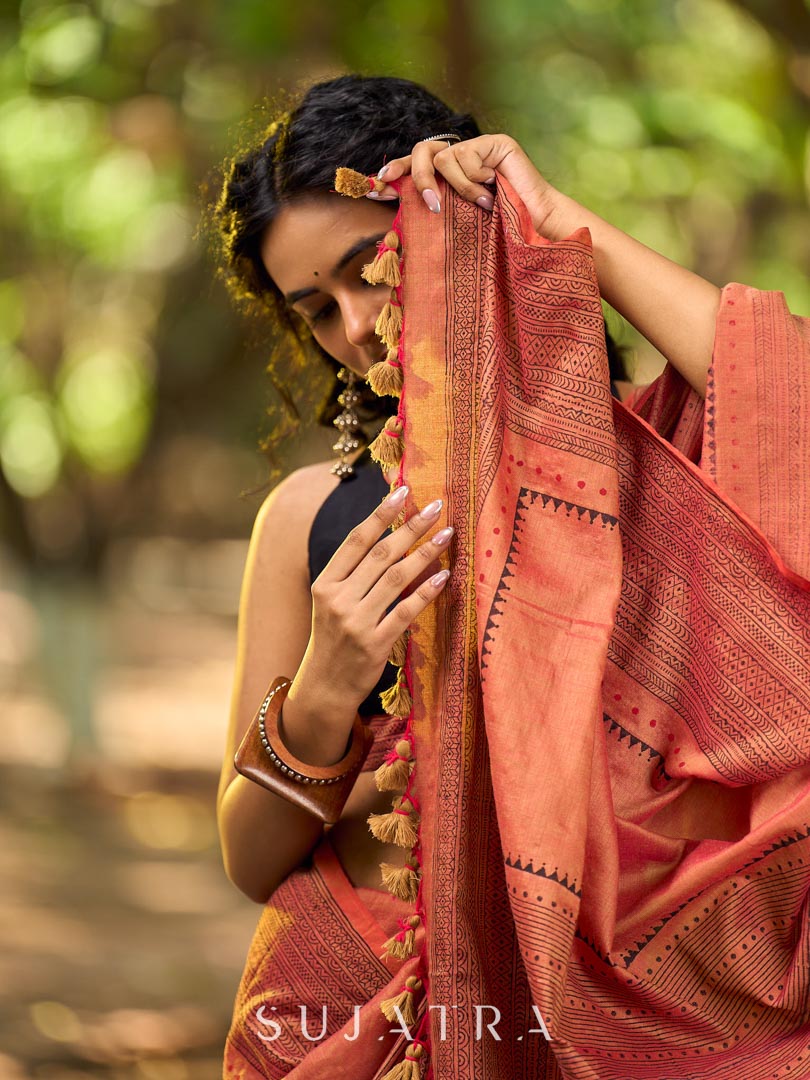Contemporary Rust Cotton Saree with Traditional Hand Block Print Borders - Blouse Optional