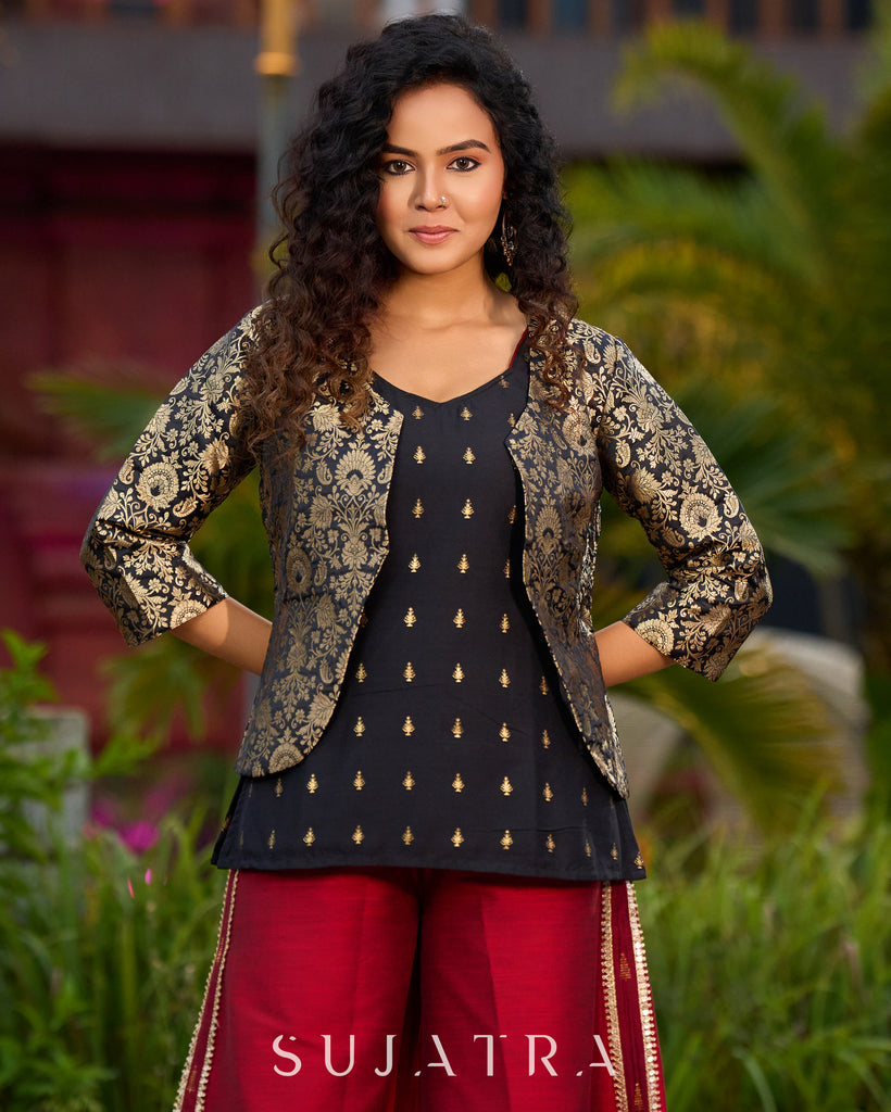 Regal Black & Golden Brocade Jacket Ensemble – with Optional Cotton Silk Butta Tunic & Cotton Silk Pants