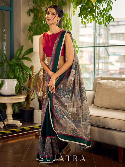 Regal Bottle Green Georgette Saree with Artistic Kalamkari Printed Pallu & Delicate Gold Lace Border