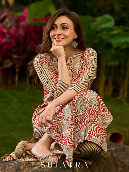 Artisanal Ajrakh Print Kurta with Animal Motifs, Boat Neckline, and Striped Highlights