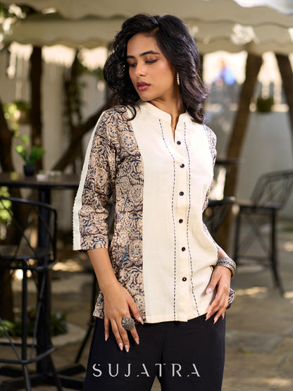 Off-White Panelled Cotton Flex Shirt with Traditional Kalamkari Print Highlights