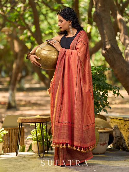 Contemporary Rust Cotton Saree with Traditional Hand Block Print Borders