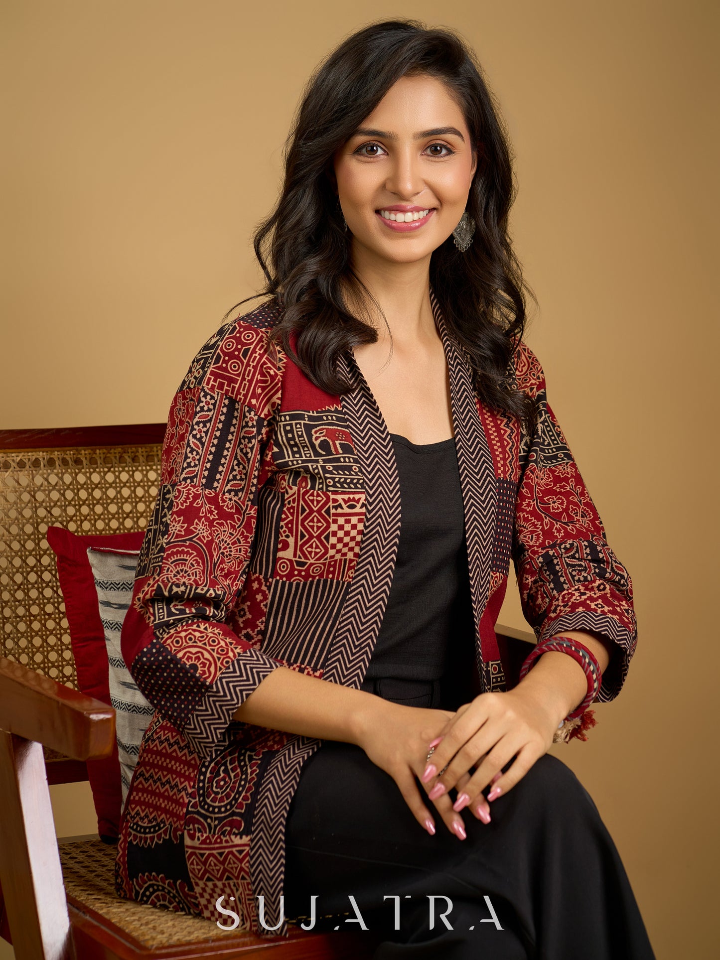 Handcrafted Ajrakh patchwork cotton jacket with cotton slub inner.