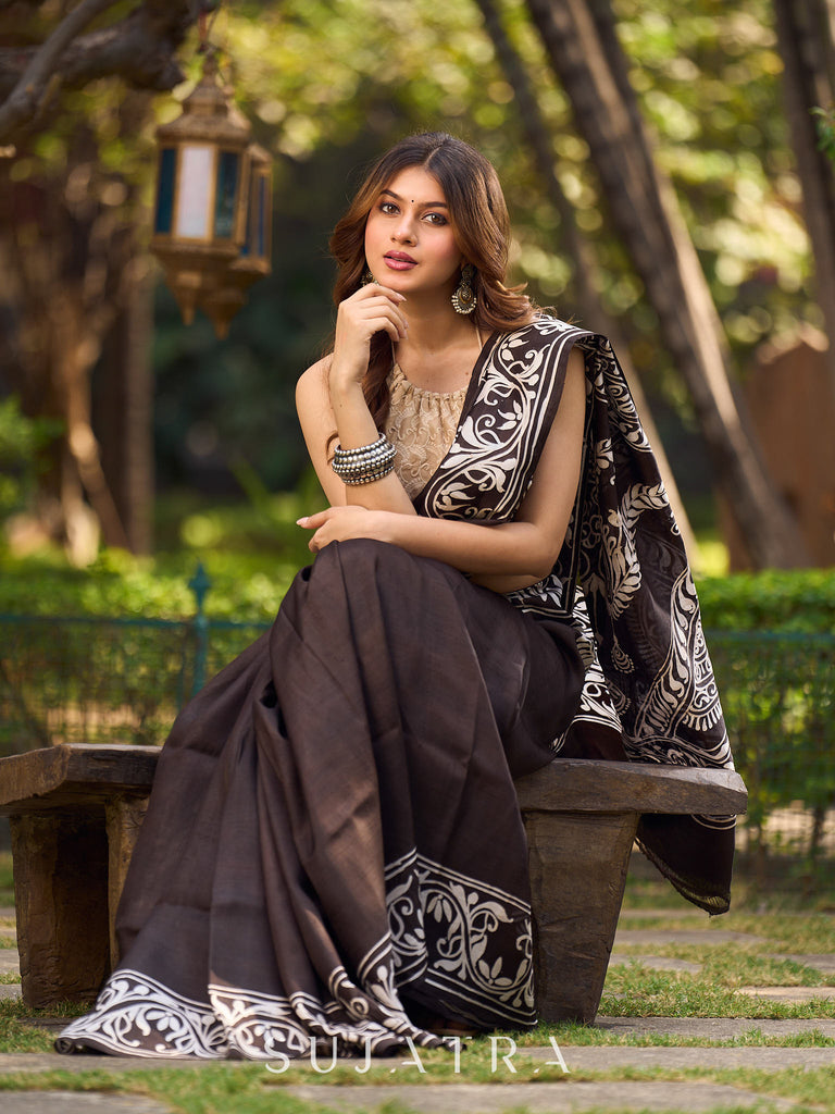 Timeless Dark Brown Pure Silk Hand Batik Saree with Bold Prints and Statement Borders